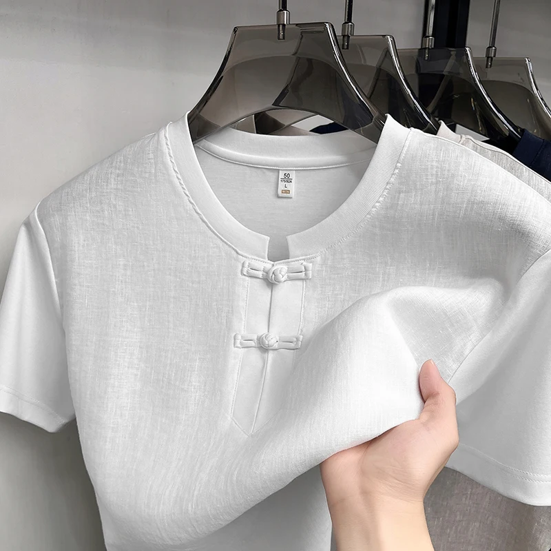 High quality men's short sleeve T-shirt personality luxury round neck retro button solid color casual summer new breathable top