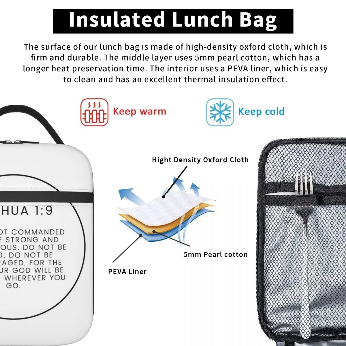 Joshua 1 9 Minimalist Circle Bible Verse Insulated Lunch Bag for Women Children Portable Food Boxes Thermal Lunch Box Tote