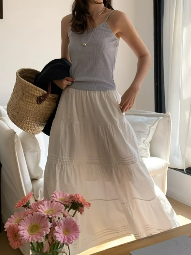 

Белая женская юбка миди с высокой талией, юбка-фонарик, юбка-трапеция, юбка-зонтик, юбка средней длины, в корейском стиле, для повседневной носки