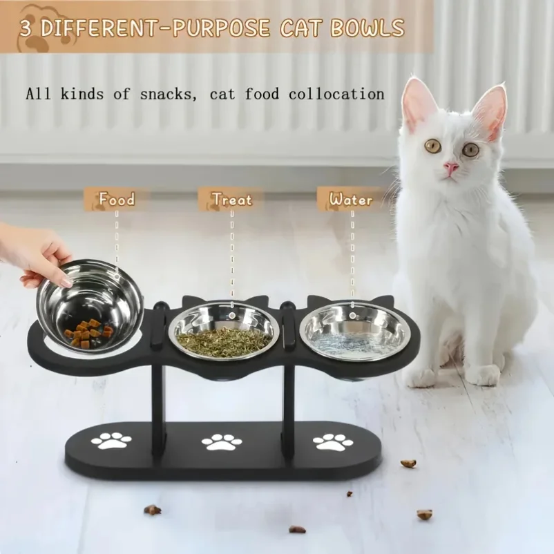 Elevated Cat Food Bowl with Wooden Support Frame & Stainless Steel Cat Bowl Adjustable 15° Angle Stand Sloped Pet Food Bowl