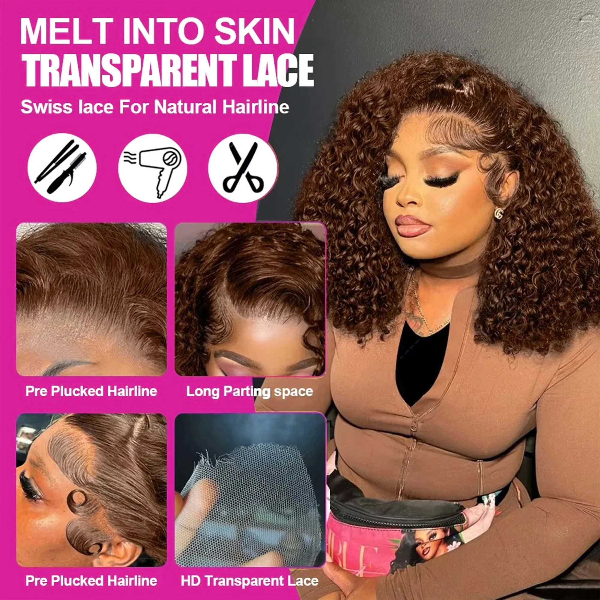 Chocolate Brown Short Curly Deep Wave Cut Bob 13x4 Lace Frontal Wigs Transparent 4x4 Lace Front Wig #4 Colored 100% Human Hair - view 5
