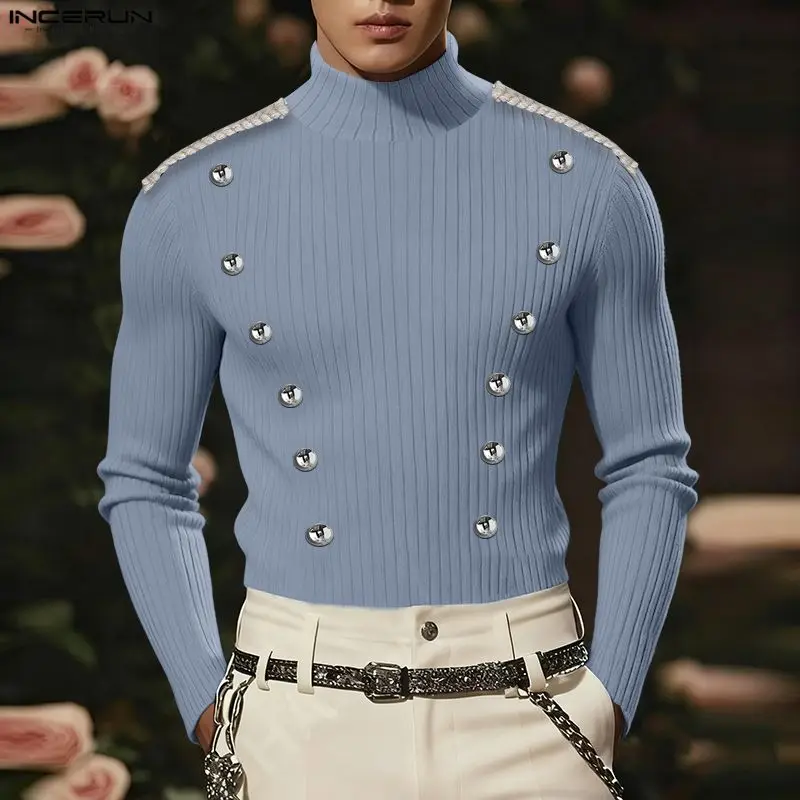 INCERUN Men Sweater Patchwork Turtleneck Long Sleeve Knitted Male Pullovers Button Streetwear Fashion Casual Men Clothing S-3XL