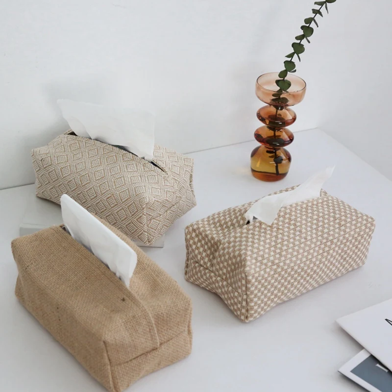 Jute Simple Tissue Box Living Room Cotton Pumping Tissue Case Car Towel Napkin Papers Holder Pouch Table Home Decor