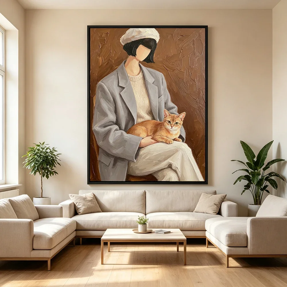 Abstract Figure Wall Art Print Faceless Poster Woman And Cat Canvas Painting Neutral Tone Pet Portrait Wall Decor For Livingr