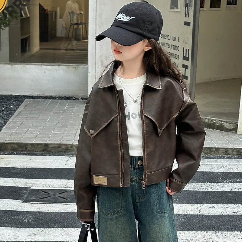 패션 십대 소녀용 모터사이클 가죽 재킷 캐주얼 라펠 PU 아우터웨어 어린이 의류 블랙 브라운 봄 가을 코트 4-14세