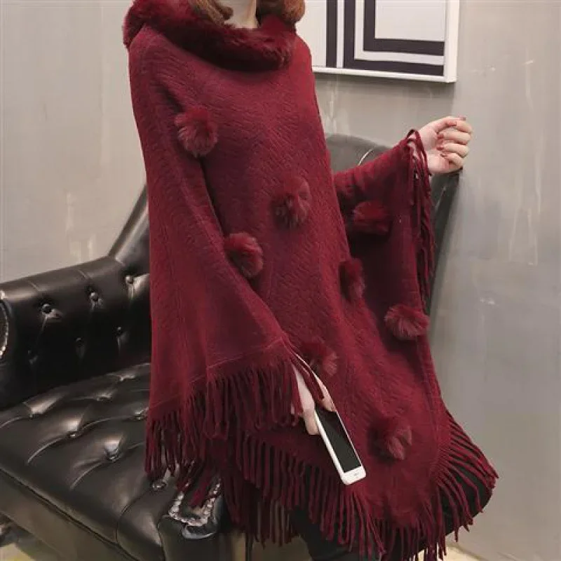 Autumn Winter Imitation Rabbit Fur Ball Women's Coat Imitation Wool Collar Pullover Shawl Warmth Poncho Capes Red Cloaks Navy