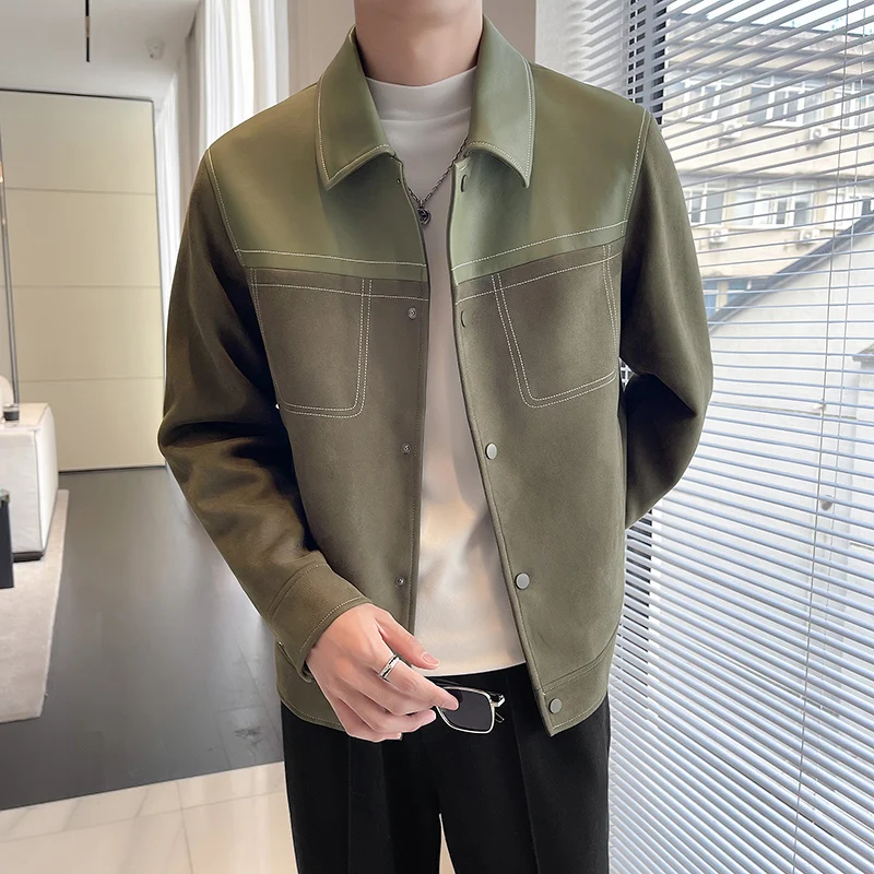 

Мужская замшевая куртка на весну-осень с отложным воротником, дизайнерская модель с вставками из искусственной кожи, модная легкая рабочая куртка