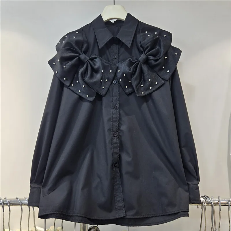 WTHT Nieuwe Mode vrouwen Gesplitst 3D Bows Ontwerp Casual Shirt 2025, Herfst Trendy Revers Lange Mouwen Blouse Vrouwelijke 1LS2588