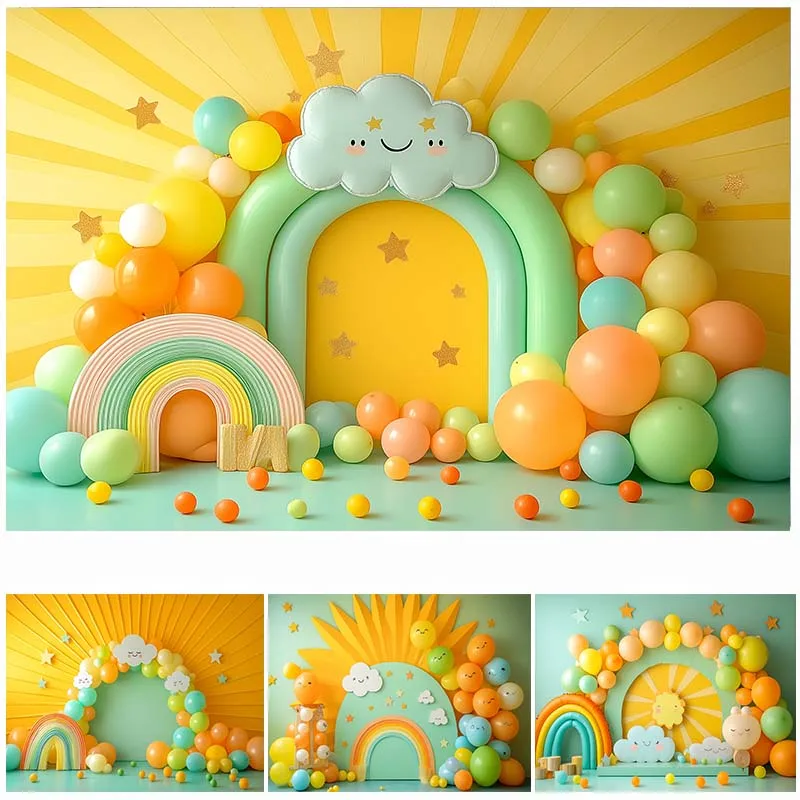 Photography Background Arch Rainbow Sunlight Clouds Balloons Decor Cake Smash Newborn Shower Kids Portrait Photo Backdrop Studio