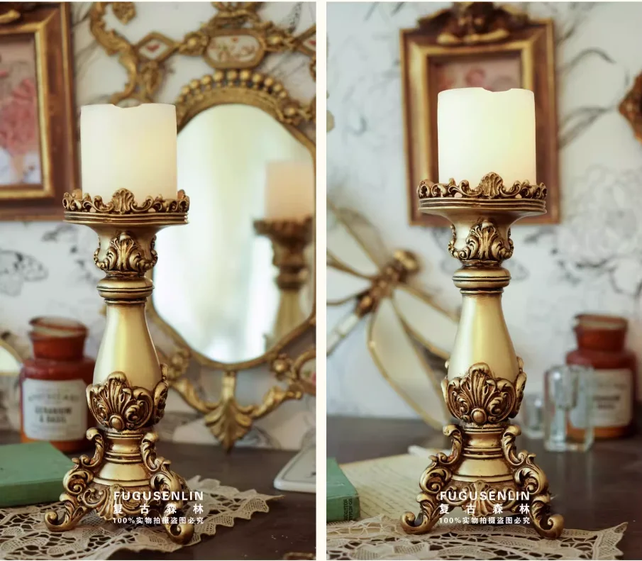 

Vintage Forest European French Gold Fern Pattern Column Imitation Wood Carving Candlestick Sculpture Architectural Resin Ornamen