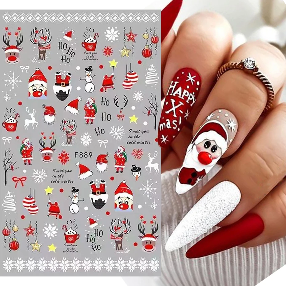 Christmas Nail Art Sticker 3D Red Santa Snowflake Elk Penguin Holly Winter Decal Slider New Year DIY Manicure Decoration Tips