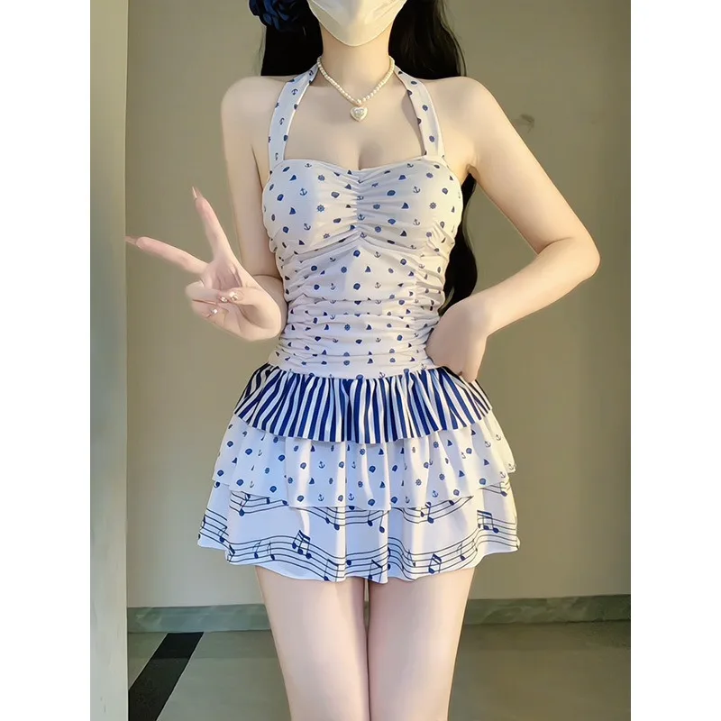 Women's Sexy Camisole One-piece Swimsuit Sailing Anchor Printed Lace Up Swimsuit Pleated Skirt Summer Beach Pool Party Swimsuit