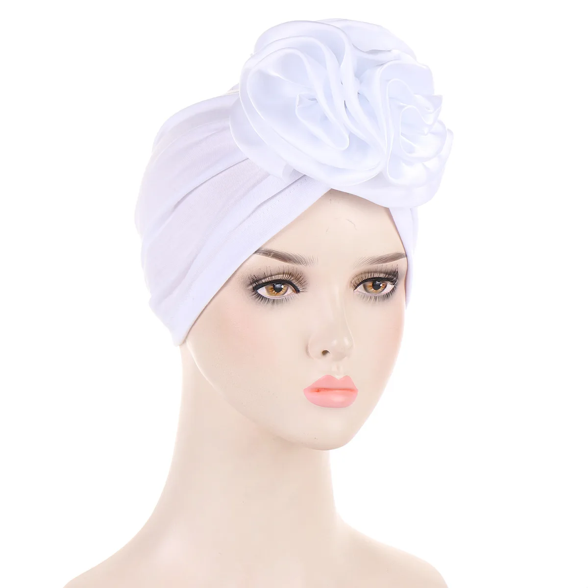 

Fashion Women Satin Flower Turban Bonnet Stretchy Bandana Head Wrap Muslim Headwear Indian Cap Lady Party Headdress Head Cover