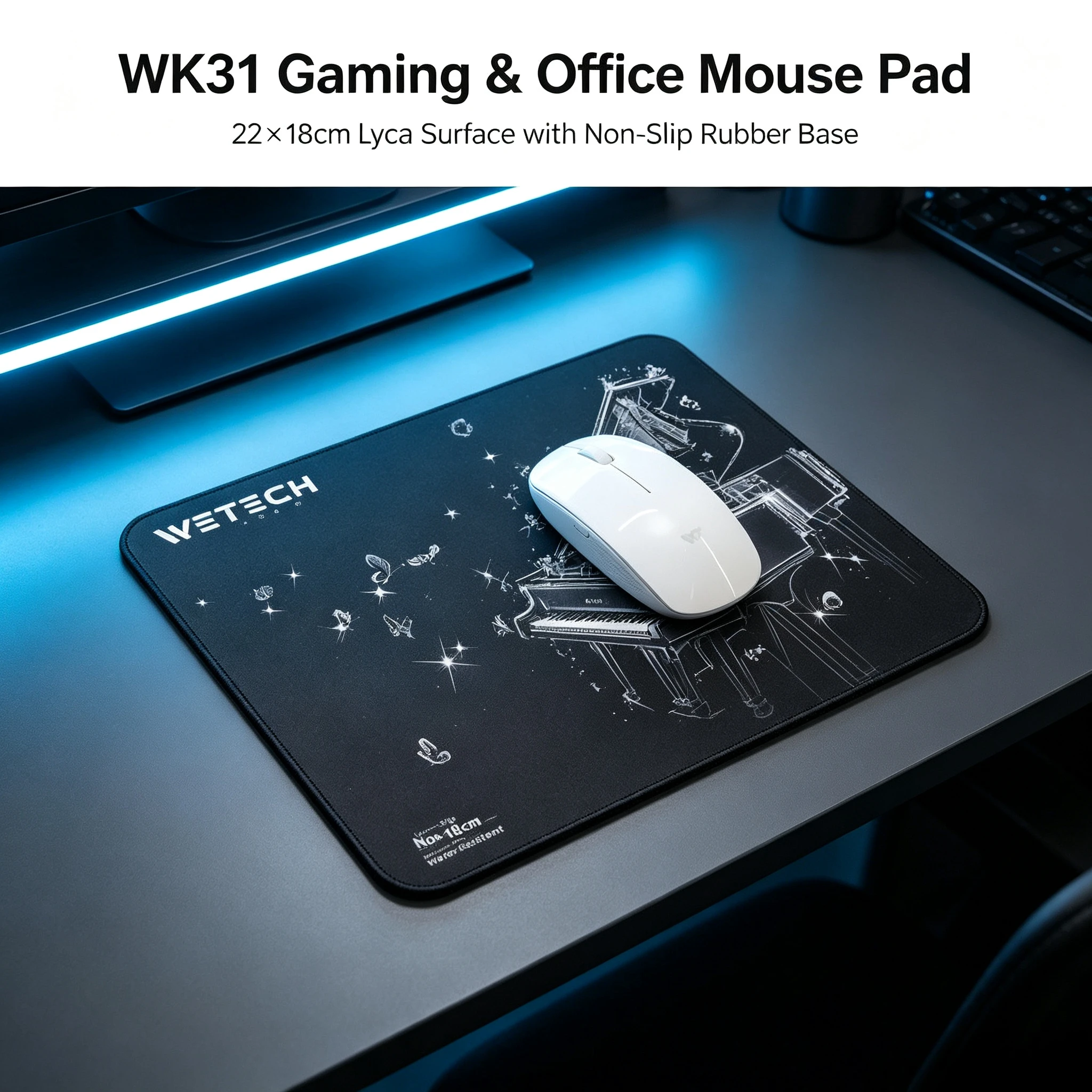Tappetino per Mouse da Gaming e Ufficio WETECH, 22×18cm / 30×25cm, Superficie in Lycra, Base in Gomma, Motivo Casuale Misto, Antigraffio e Antisgocciolamento