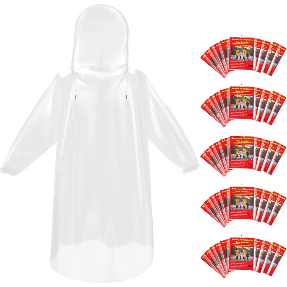 Paquete de 6 y 20 y 50 ponchos de lluvia desechables para adultos/jóvenes, impermeables de PE impermeables con cordón, camping/emergencia