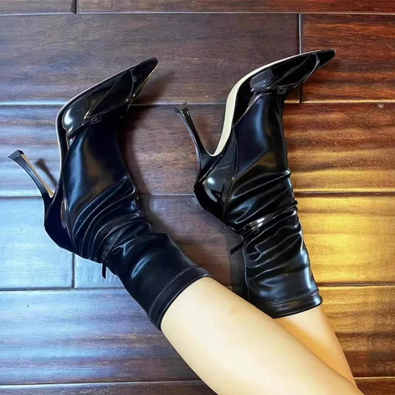 Fashion Women Stretch Sock Boots Pointed Toe Ankle Booties Black Thin High Heels Slip on Belt Buckle Elegant Autumn Botas Black