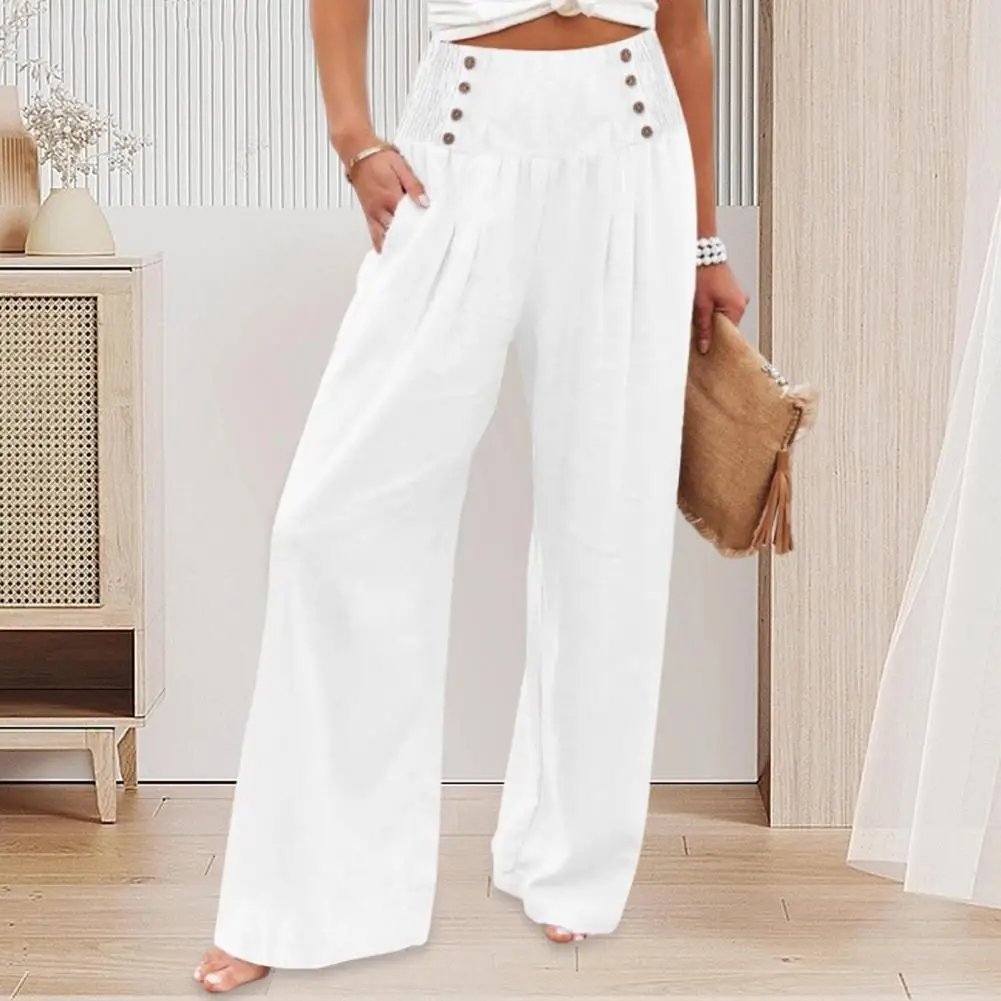 Estate 2024 pantaloni Casual da donna larghi bottoni elastici in vita Decor pantaloni lunghi tasche a gamba larga pantaloni Streetwear