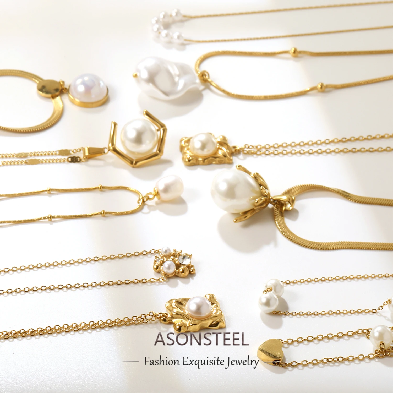 ASONSTEEL Simple White Imitation Pearl Pendant Necklace Gold Plated For Women Girl Stainless Steel Chain Jewelry Gifts Choker