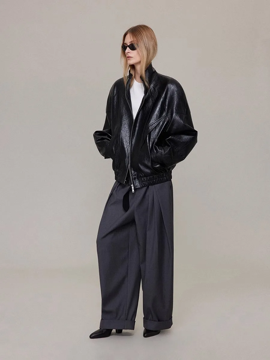 

Lautaro Autumn Cool Handsome Oversized Hard Shiny Black Pu Leather Jacket Women Long Sleeve Zip Up Luxury Designer Clothing 2025