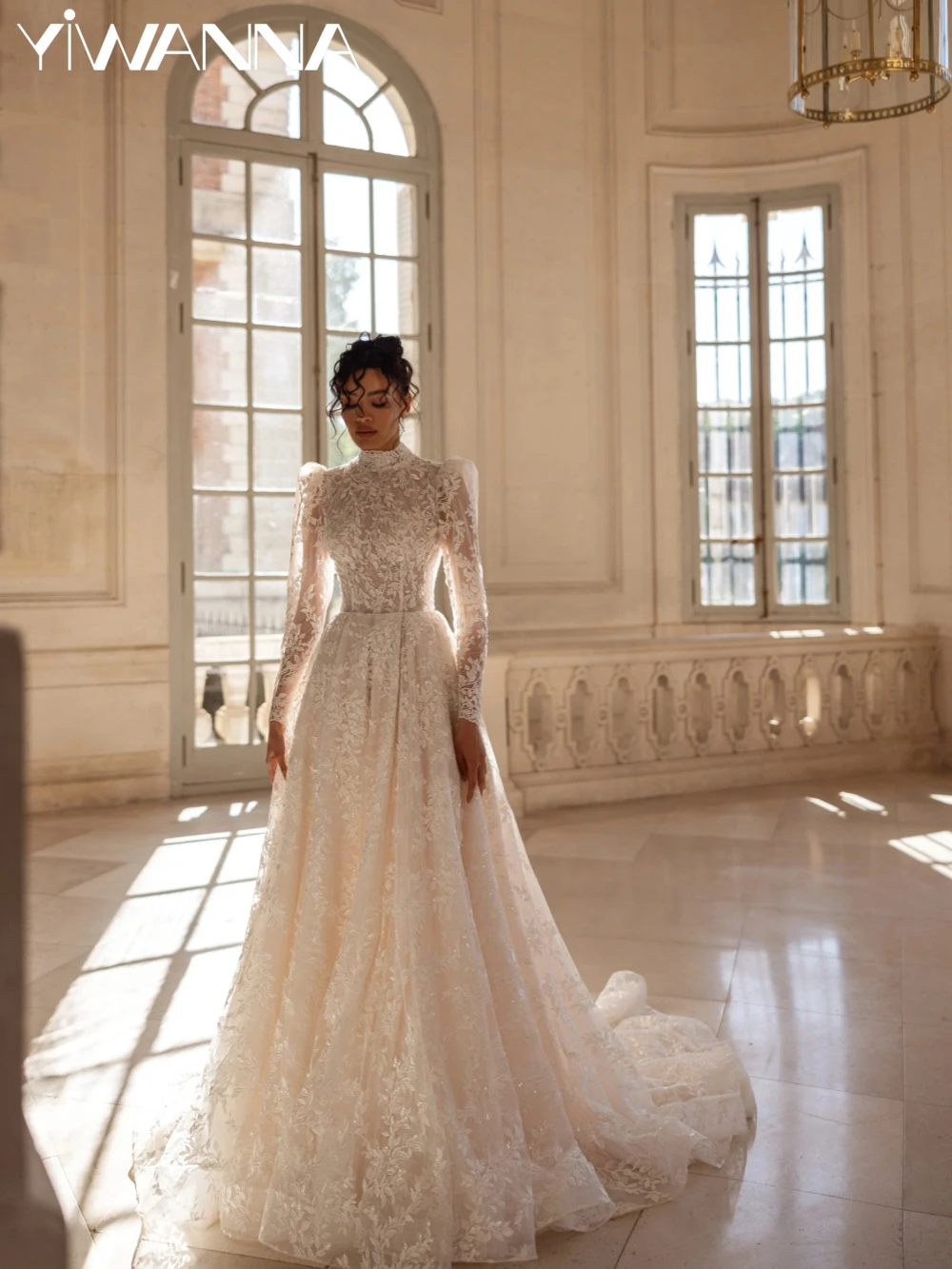New Glitter Lace Appliques Puff Sleeve Wedding Dress Sexy Backless Bridal Gown Customized A-line Long Dresses For Bride