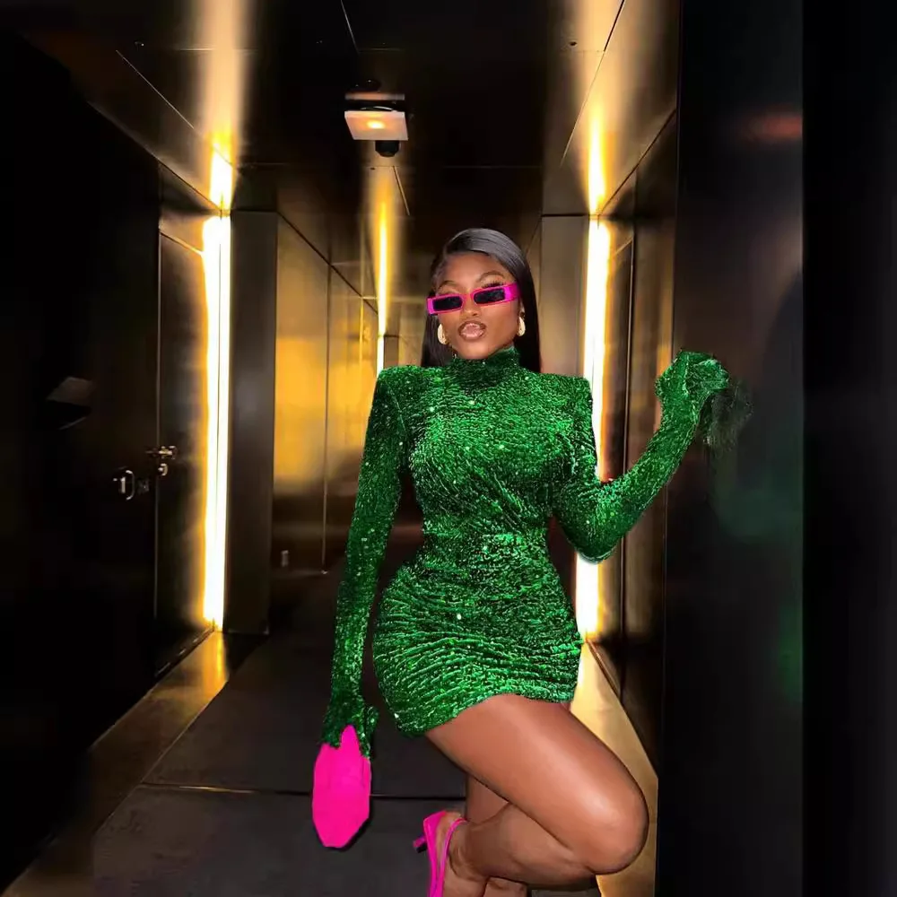 

European and American Hot Green Sequined Velvet Oversleeve Small Turtleneck Dress Fashion Party Performance Dress