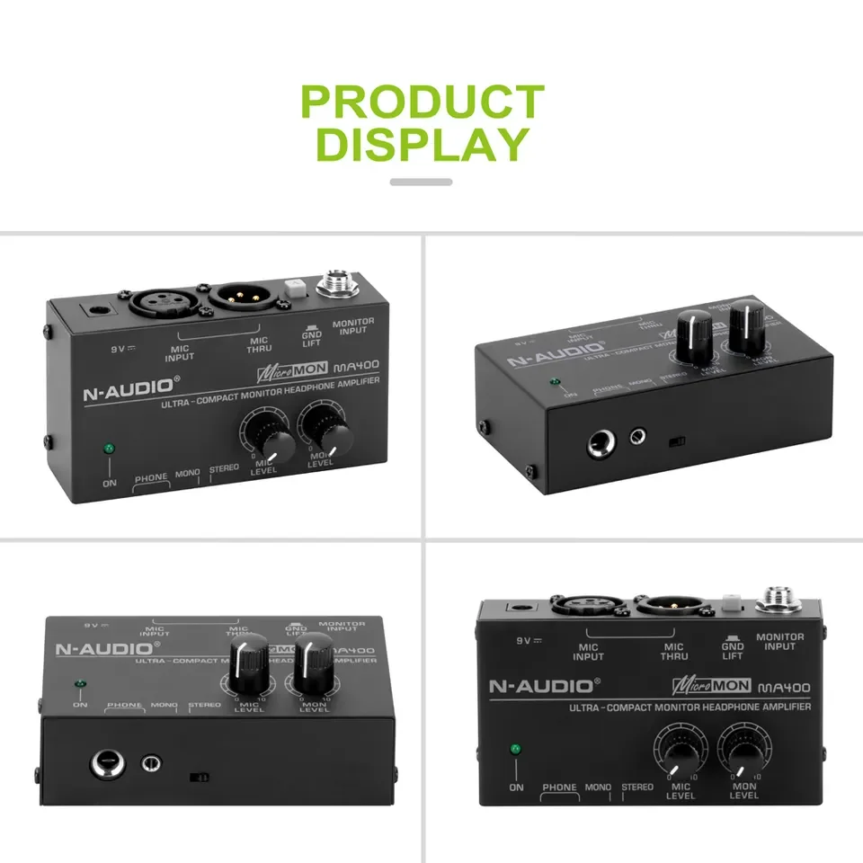 MA400 Microphone Preamplifier Headphone Preamplifier 6.35mm & 3.5mm Personal Mixer with 12V Power Supply US EU Plug