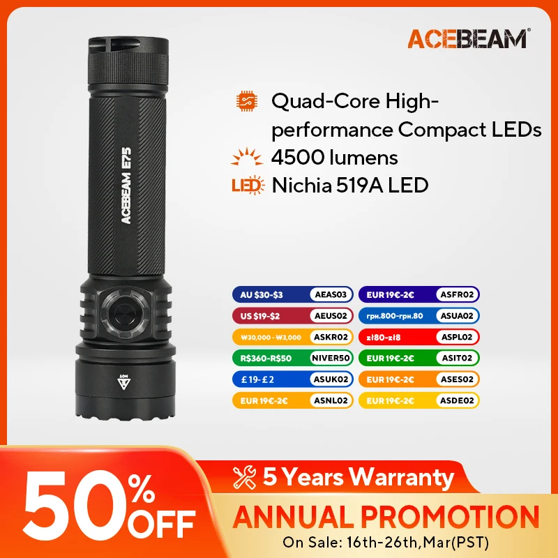 ACEBEAM E75 Quad-Core High-performance Compact LED Flashlight 4500LM 260M USB-C Rechargeable with Magnetic rearcap