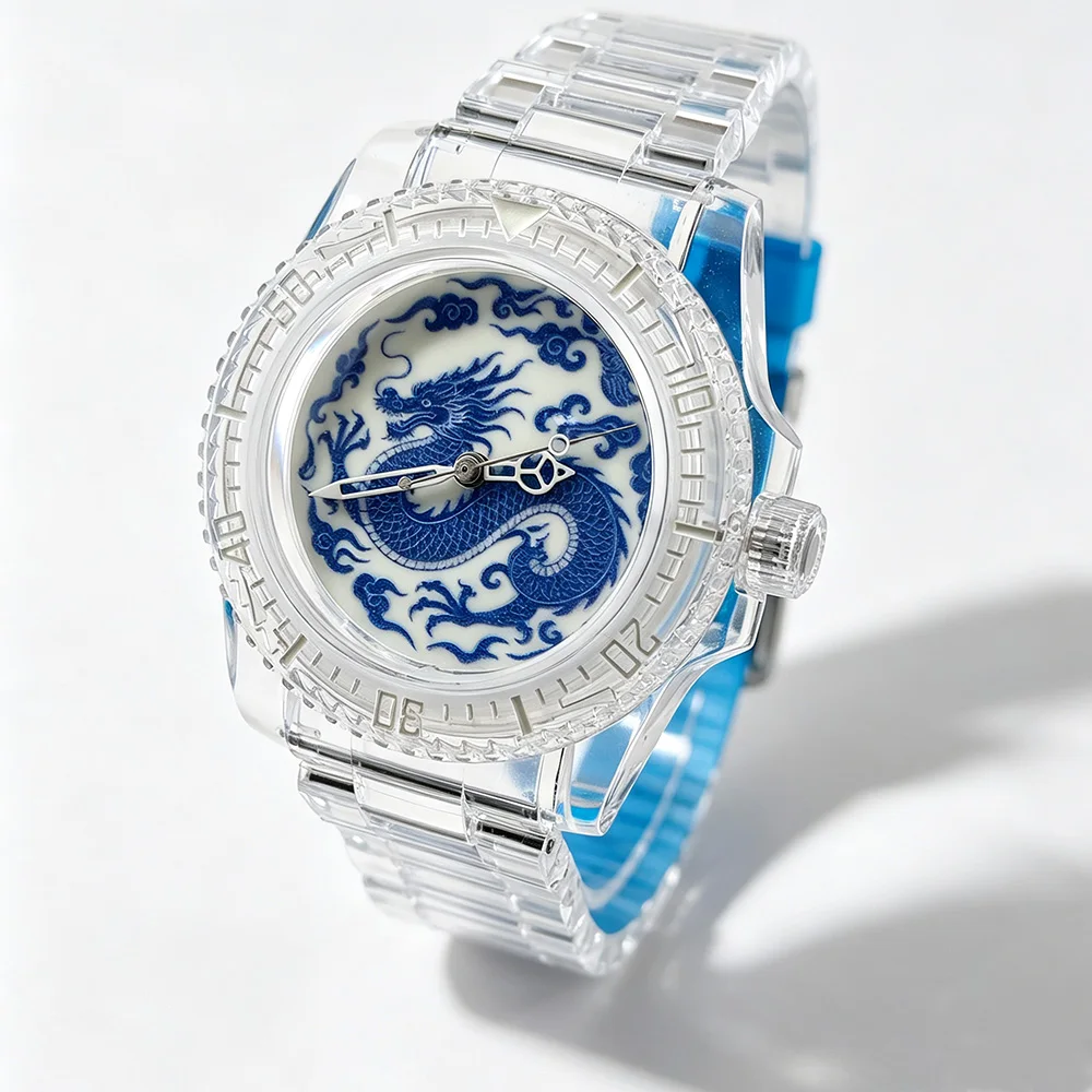 NH35 Watch Chinese mysterious totem strong lumen watch 41.5mm Acrylic Transparent Case Strap Fit 28.5mm lumen Dial Men's Watch