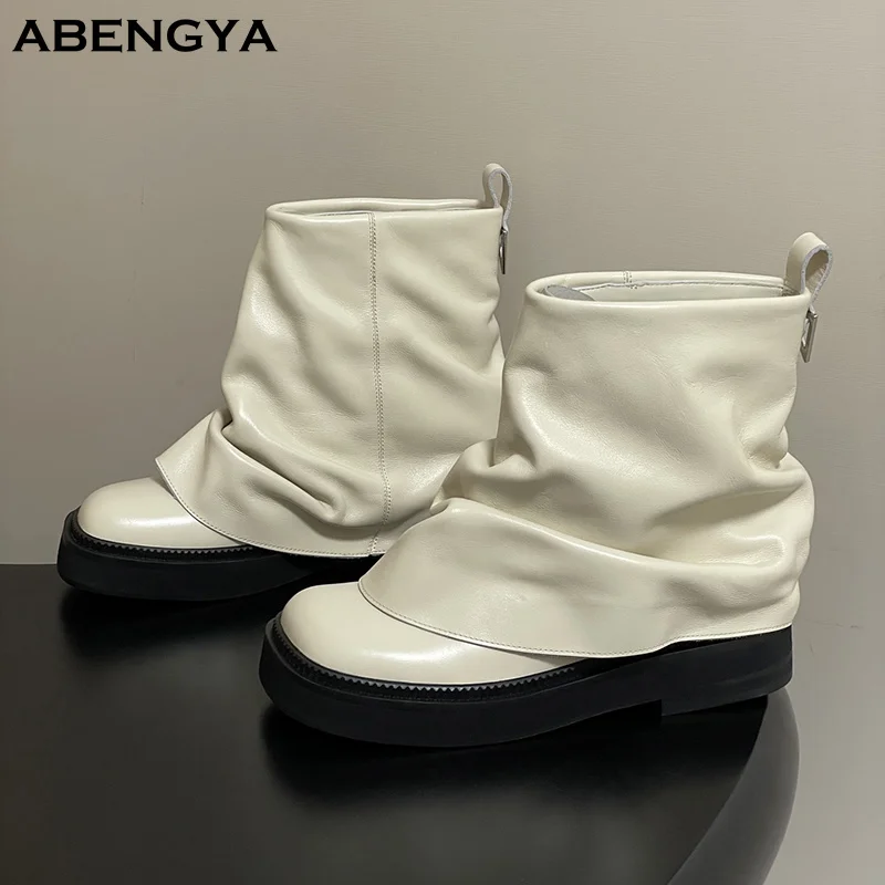 

Зимние белые кожаные сапоги до середины икры, женские замшевые плиссированные короткие сапоги с круглым носком, дизайнерские повседневные вечерние ботинки челси для женщин