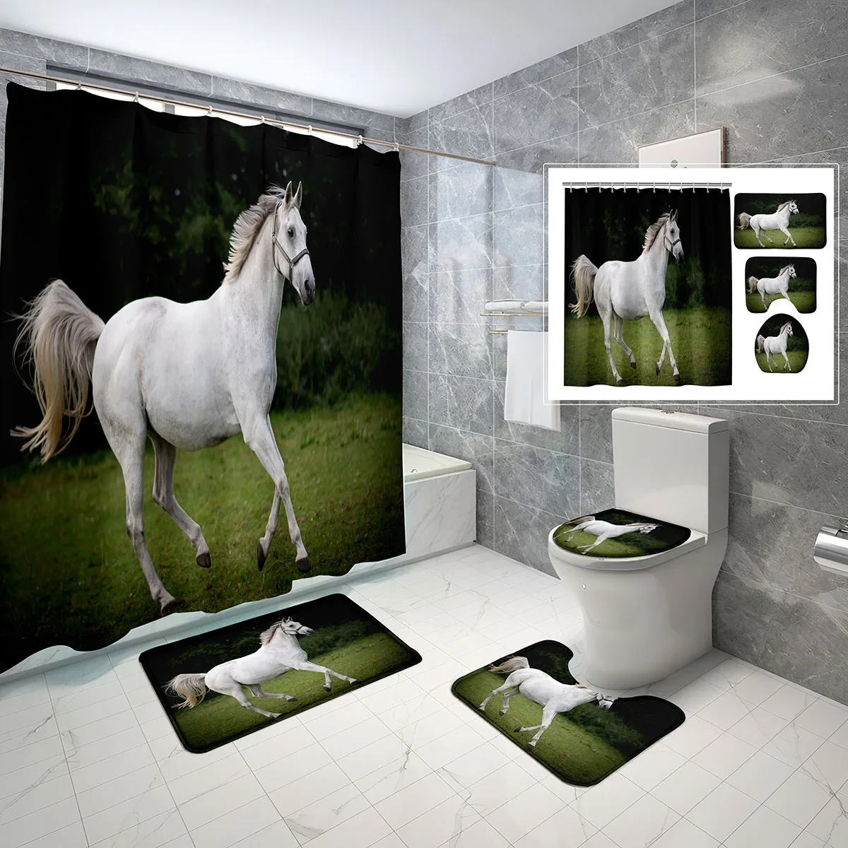

Комплект из 4 предметов: шторка для душа с изображением скачущих лошадей, нескользящий коврик для ванной, чехол на крышку унитаза, водонепроницаемая шторка для ванной с крючками