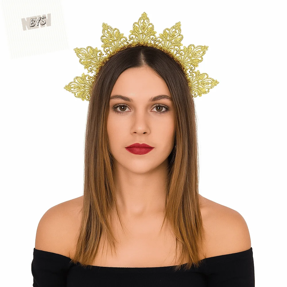 

Vintage Flower Goddess Halo Headband Rhinestone Exaggerated Women Hairband Gold Color Sun Traditional Festival Hair Hoop Wedding