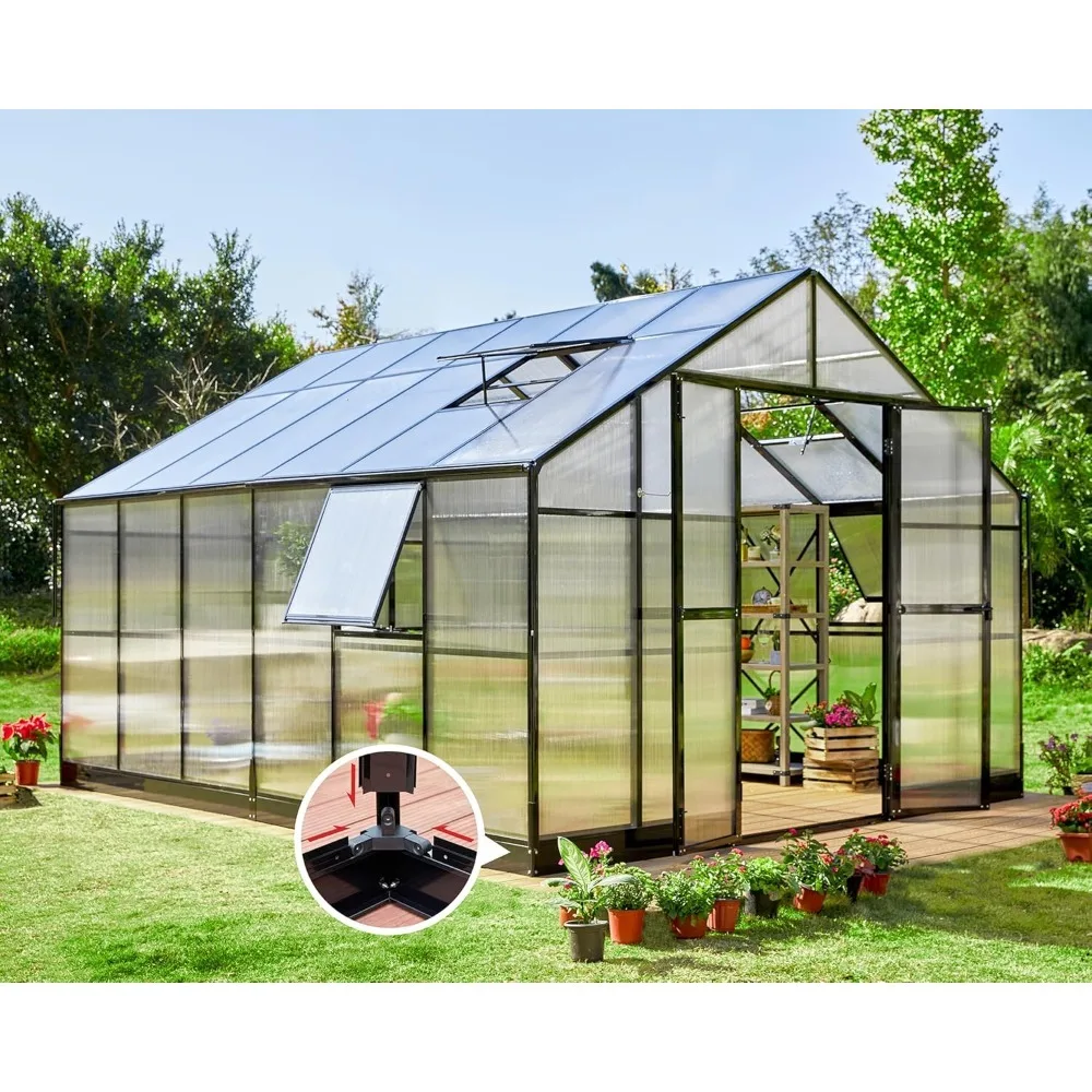 Polycarbonate Greenhouse with 2 Doors and 4 Ventilation Openings, Outdoor Large Greenhouse, 12x13.5x9 Foot