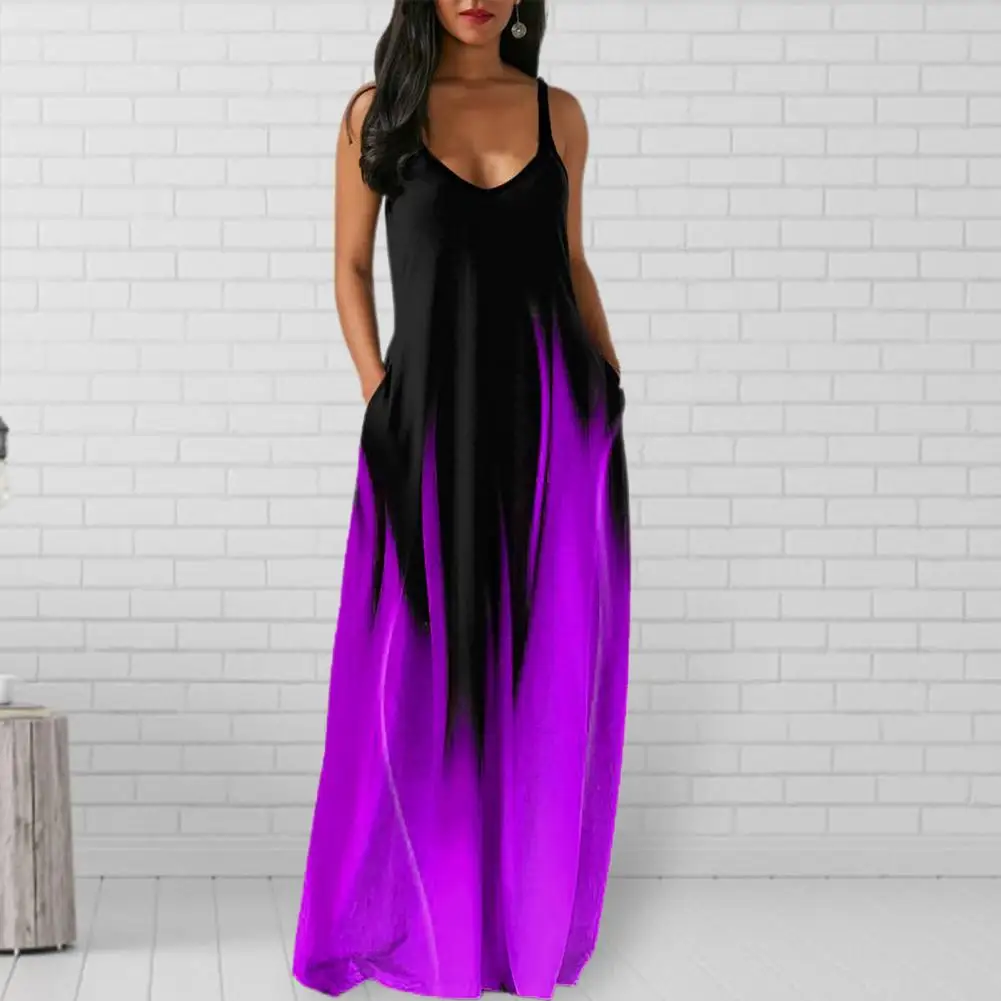 فستان نسائي 2025 برقبة على شكل حرف v وألوان متباينة متدرجة بدون أكمام ملابس يومية فضفاضة بقصة منخفضة بدون ظهر فستان صيفي للسيدات Cl