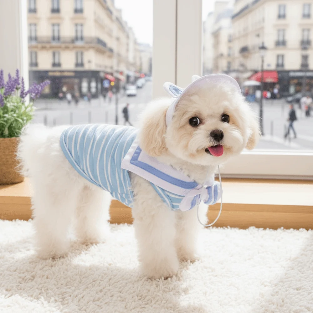 Camiseta con cuello marinero y rayas para perro, estilo universitario, transpirable, falda corta para perro con sombrero, jersey sin mangas para perro, uso diario