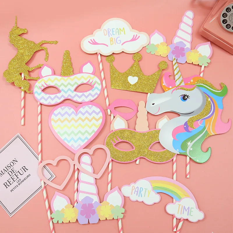 Máscara de papel con dibujos de unicornio para niños, accesorios de fotomatón con temática de arcoíris, disfraz, decoración de fiesta de cumpleaños y Baby Shower, 12 piezas