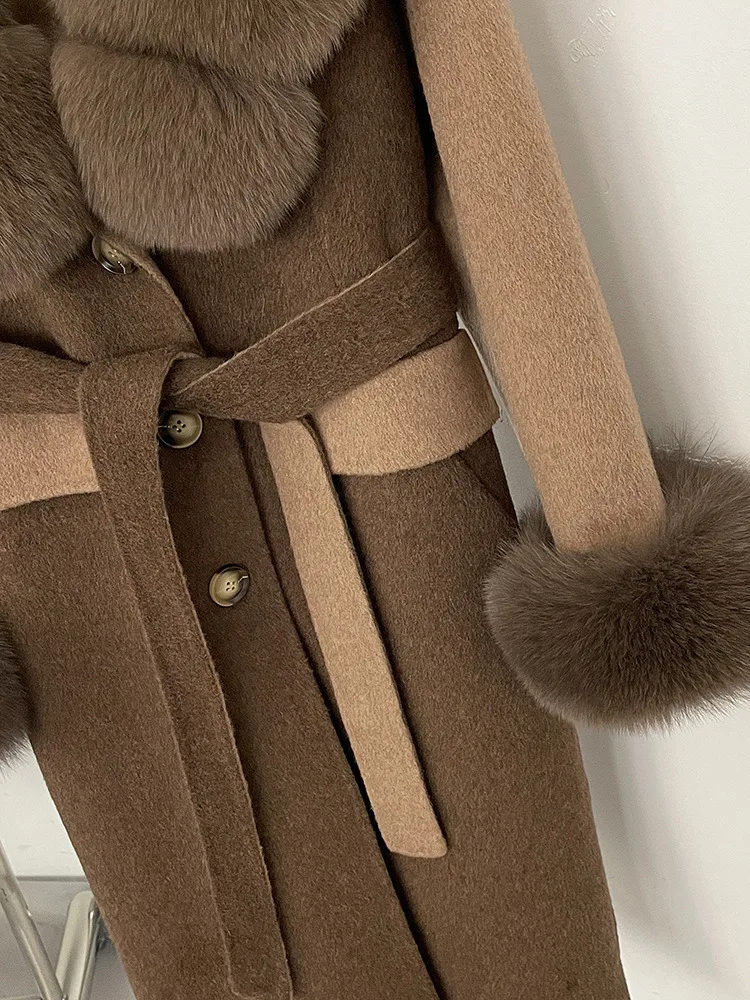 ZMEENNA Womens Elegant Two Tone Wool Blend Long Coat Faux Fur Collar และ Cuffs Tie เข็มขัดฤดูหนาว Outerwear ZM3644