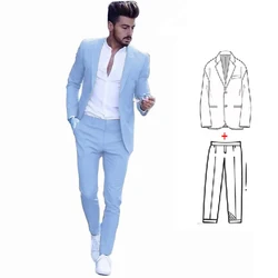 Latest 2 Pieces Classic Suit for Men Groomsmen Wedding Party Tuxedos Slim Fit Peak Lapel Sky Blue Male Suits Custome Homme