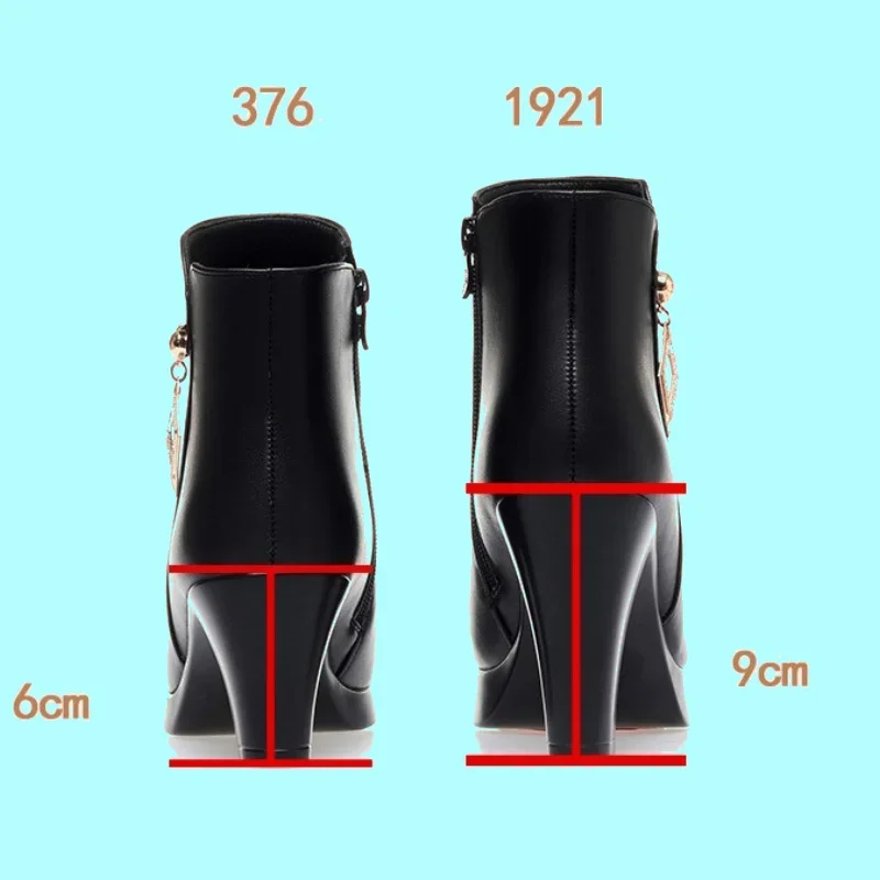 6cm 9cm Comfortable Fashion Soft Leather Winter Shoes Platform Botas 2024 Elegant Black Block High Heels Ankle Boots Office Mom