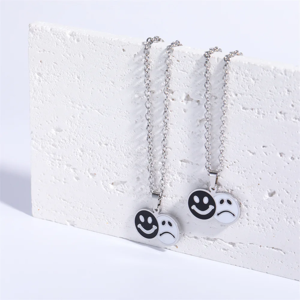 Minimalist Retro Black And White Crying And Smiling Faces Pendant Necklace Stainless Steel Collarbone Chain Punk Party