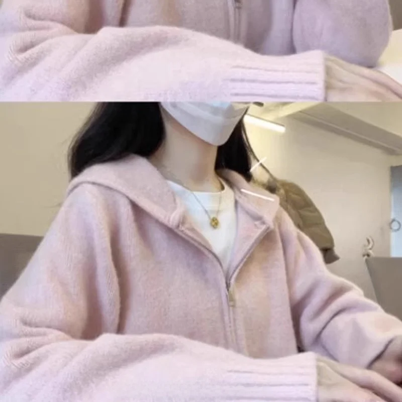 

Pink Hooded Knitted Sweater Women's Spring Autumn Zipper Lazy Soft Outerwear Cardigan Coat Korean Sle Regular Fit Polyester...