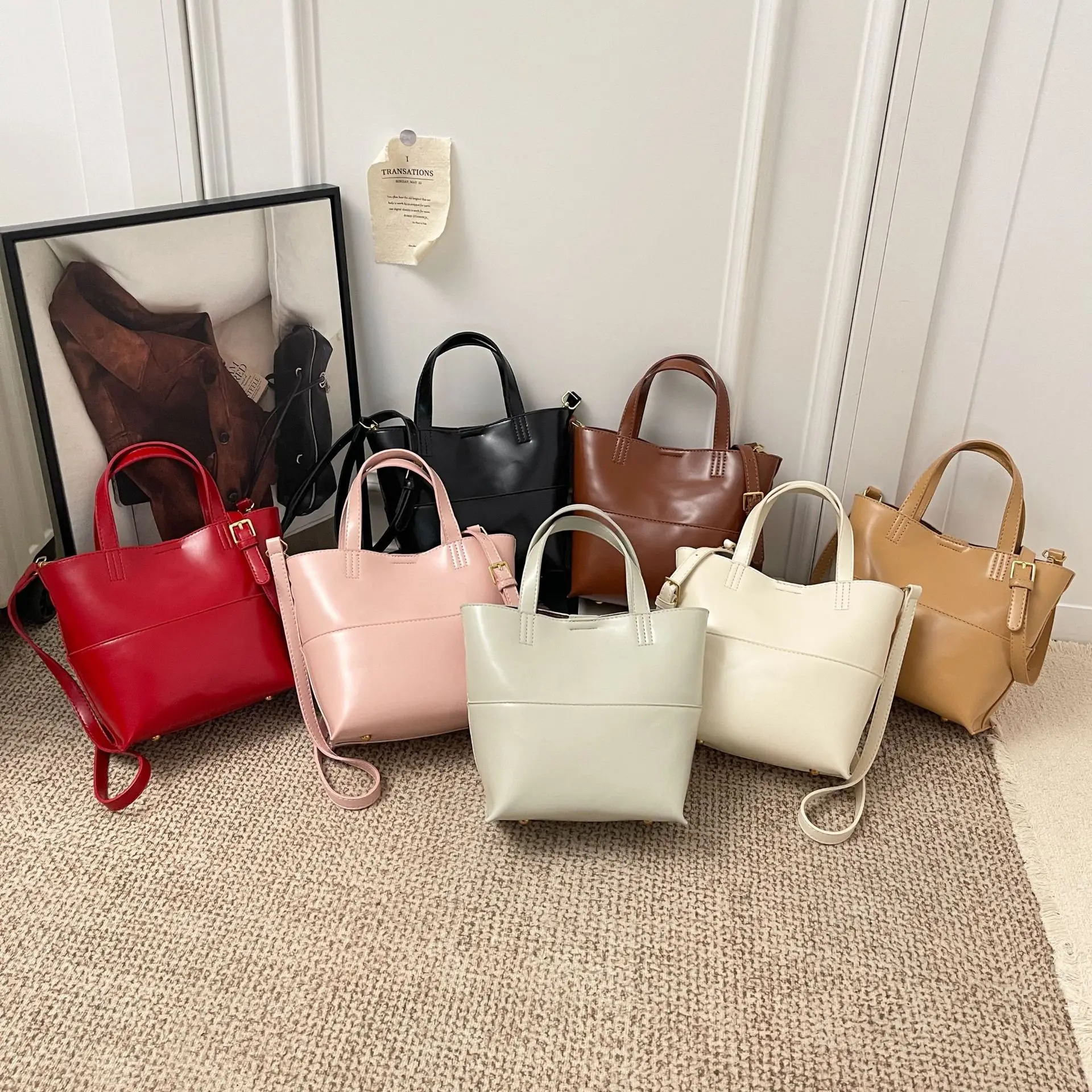 

Simple Oil Waxed Leather Bucket Bag For Women Korean Casual Fashion Crossbody Bags Solid Color Luxury Design Spliced Handbags