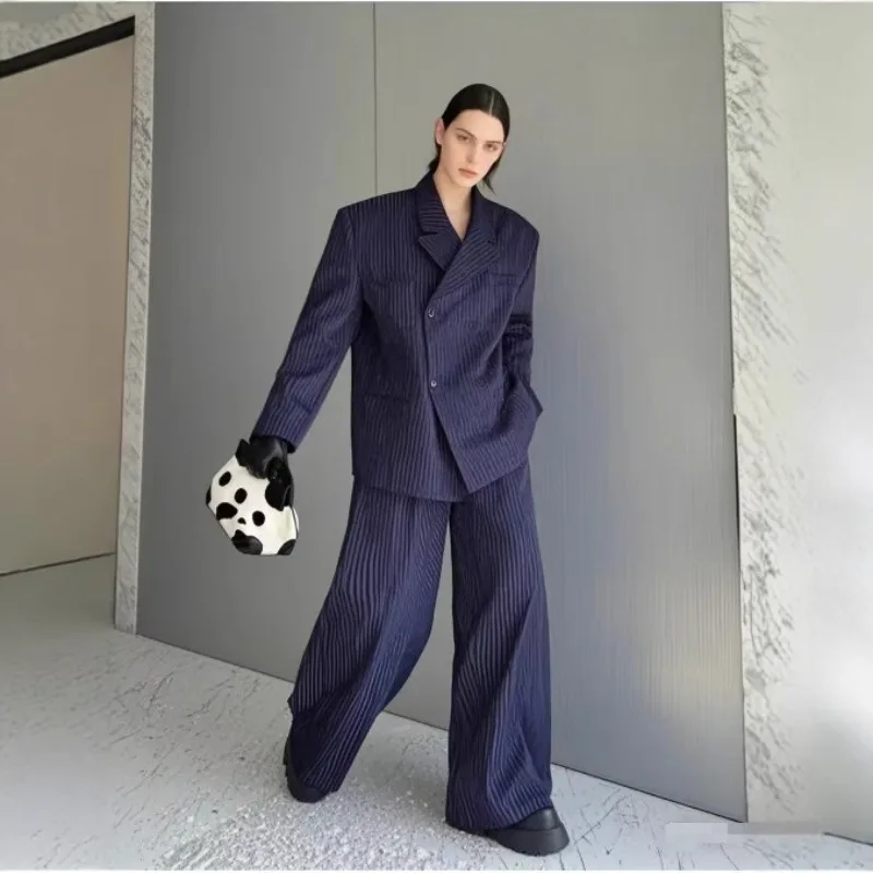 

SuperAen 2025 Spring New Oversize Design Suit Jacket Striped Fashion Loose Long Wide-leg Pants Two Pieces Sets