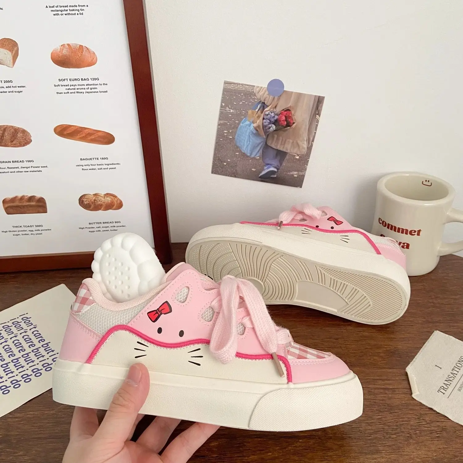 Женские дышащие кроссовки с мультяшным принтом, милые розовые туфли в клетку, кроссовки на толстом каблуке, повседневная спортивная обувь для бега на платформе Y2K Lolita