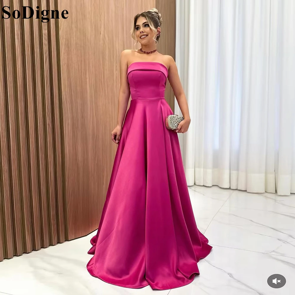 SoDigne Elegant Fuchsia Satin Evening Dresses A-Line Strapless Side Slit Pleated Party Dress Formal Events Prom Gowns Customized