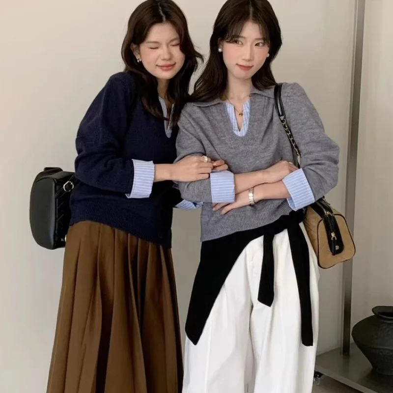 Women Autumn Korean‑Style Design Striped Spliced Cuff Lapel‑Collar Knit Sweater Lady Versatile Faux Two‑Piece Long‑Sleeve Top