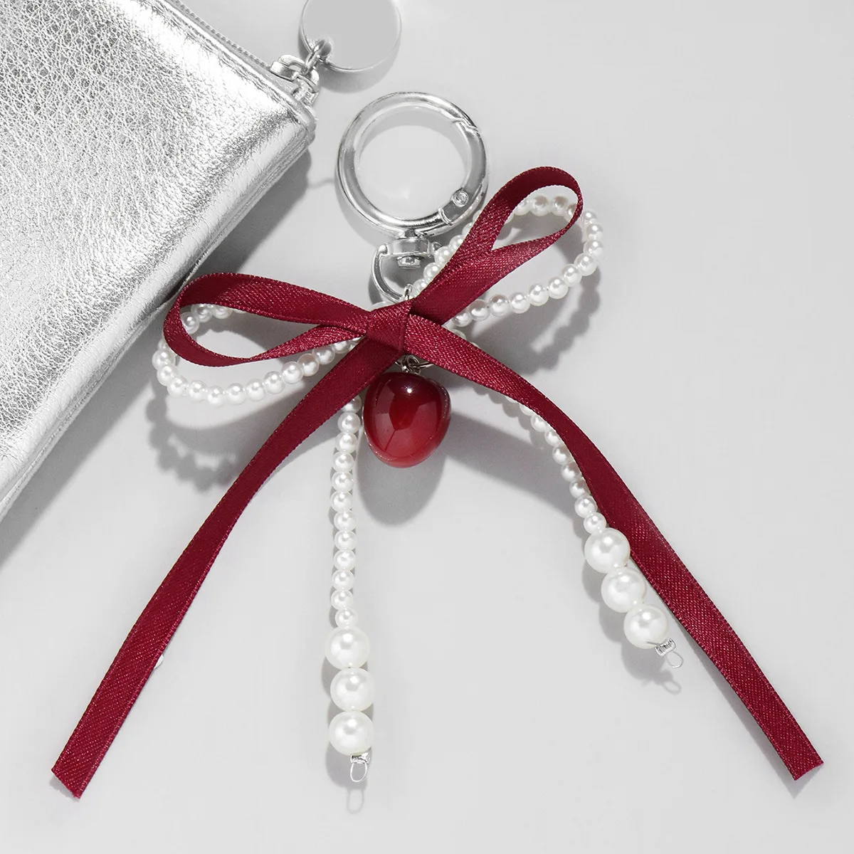 Wine Red Ribbon Cherry Pendants Keychain Women Sweet White Pearl Bow Backpack Key Ring Jewelry Bags Decoration Friendship Gifts - view 2