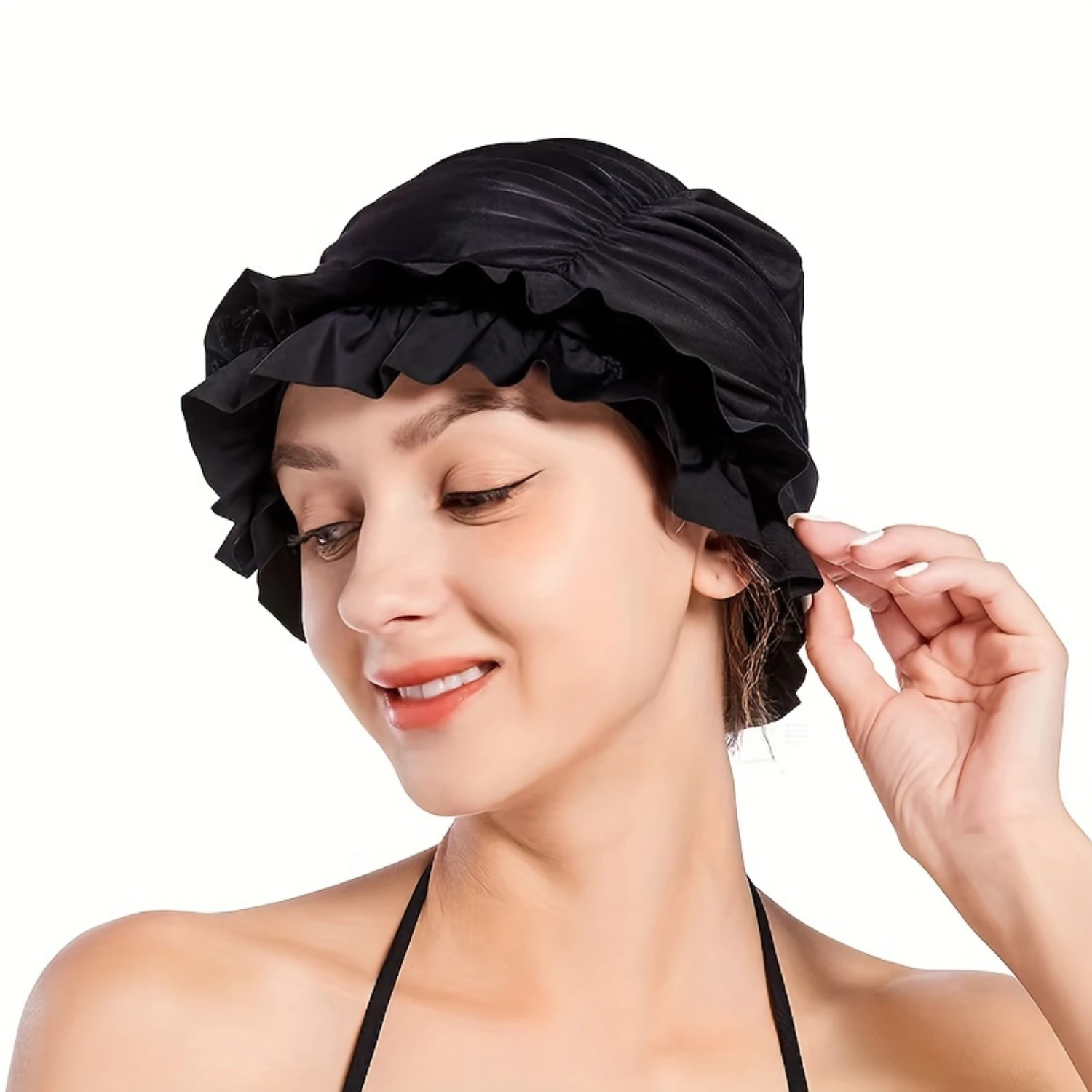 Swimming Hat for Women with Ruffled Edges - Nylon Cloth, Extra Elastic Comfort, Ear Protection & Hairstyle Preservation.