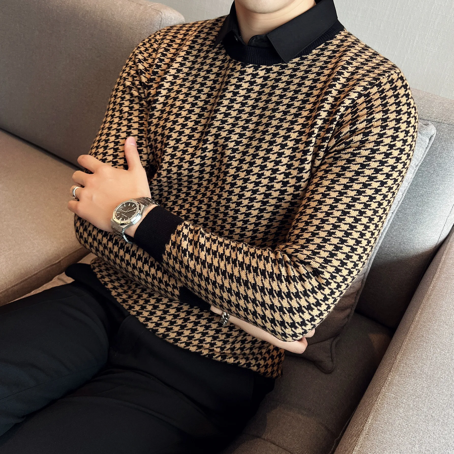 Suéter de punto para hombre, suave, elástico, estampado a cuadros, alta sensación, moda de otoño e invierno, bloque de Color ...