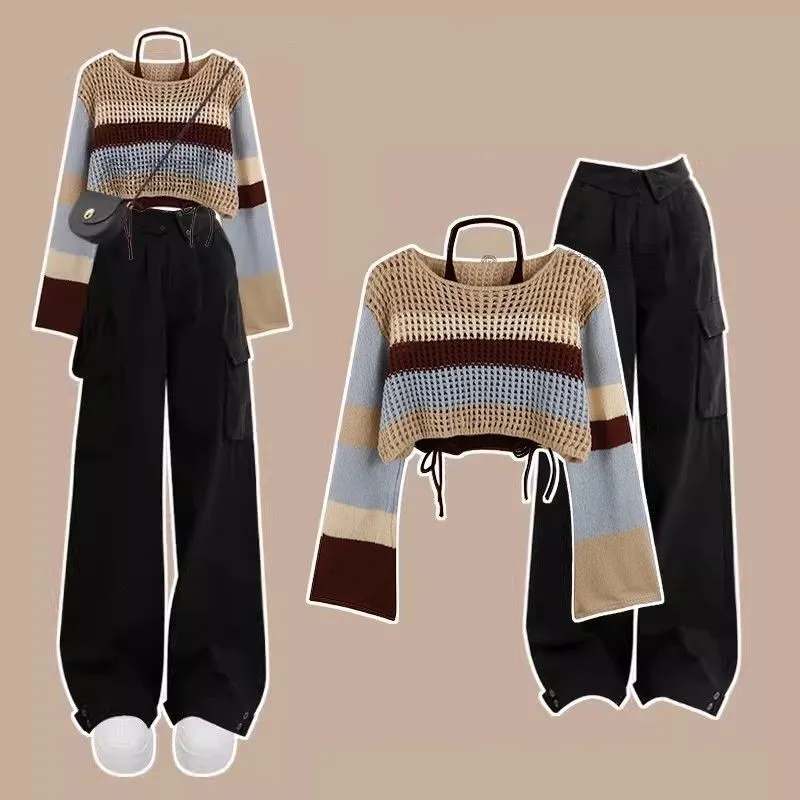 Women\'s Autumn Vintage Hollow Stripe Long Sleeved Knitwear+Strap+Cargo Pants Suit Korean Elegant Sweater Trousers Matching Set