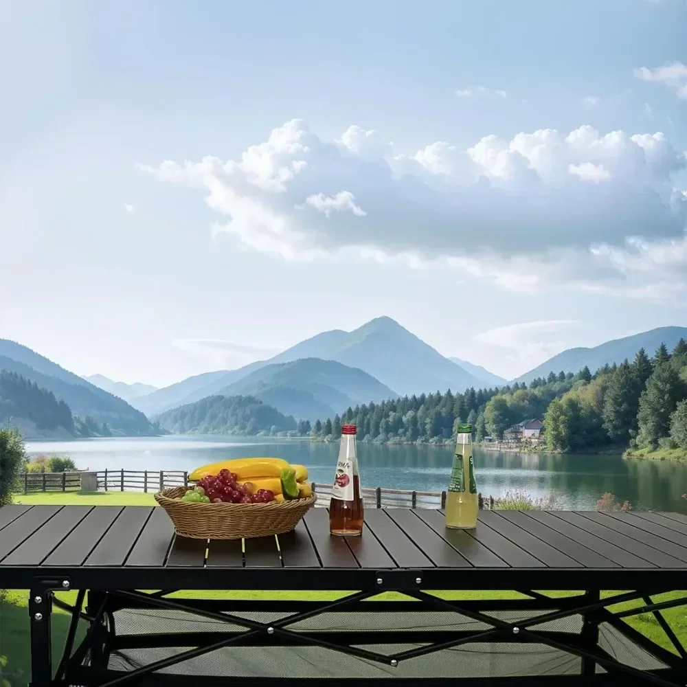 

BestsellerLarge Folding Camping Table Aluminum with Storage for 4-6 People 55"X27.5" Roll Up Tall Outdoor Portable Table Lightwe